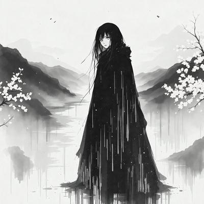 The primary subject of the image is a woman dressed in a black outfit, standing in front of a body of water. The setting includes a mountainous background, adding to the overall atmosphere of the scene. The visual style of the image is a combination of digital art and illustration, creating a unique and captivating representation of the woman. The colors in the image are predominantly black and white, giving the scene a dramatic and moody feel.